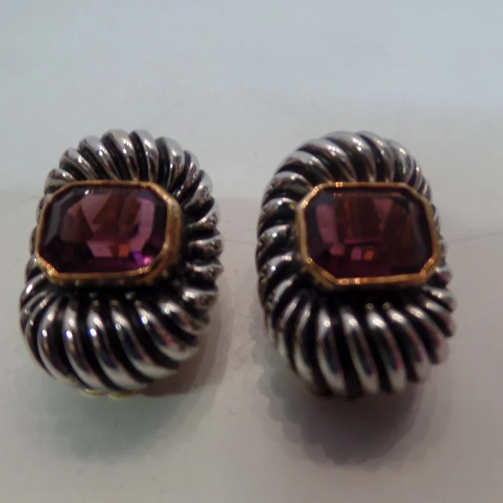 Vintage Gold & Silver Tone W Purple Stone CLIP On Earrings. Miss Jacksons Tulsa - Picture 1 of 12
